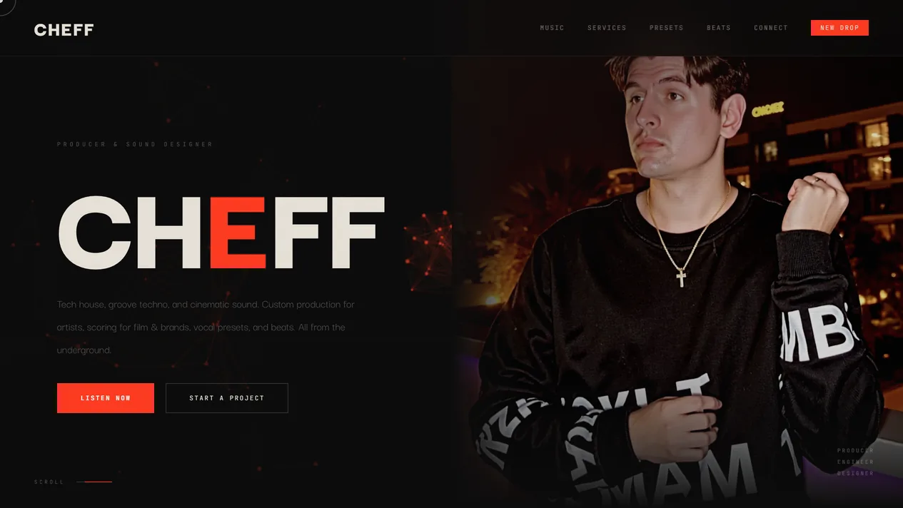 Cheff Music homepage with its artist portrait and bold red and cream wordmark
