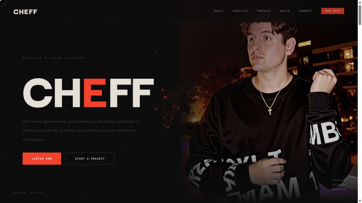 Cheff Music homepage with its artist portrait and bold red and cream wordmark