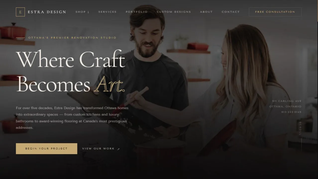 Estra Design homepage with its renovation imagery and Where Craft Becomes Art headline