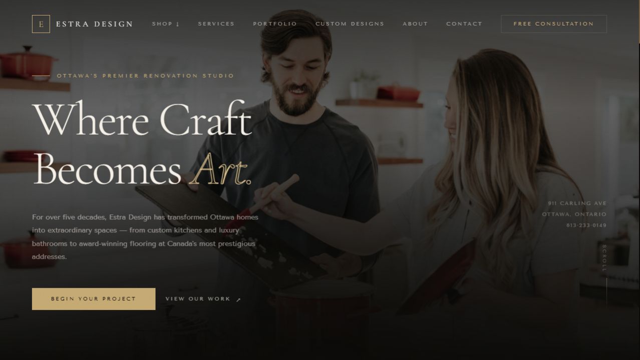Estra Design homepage with its renovation imagery and Where Craft Becomes Art headline