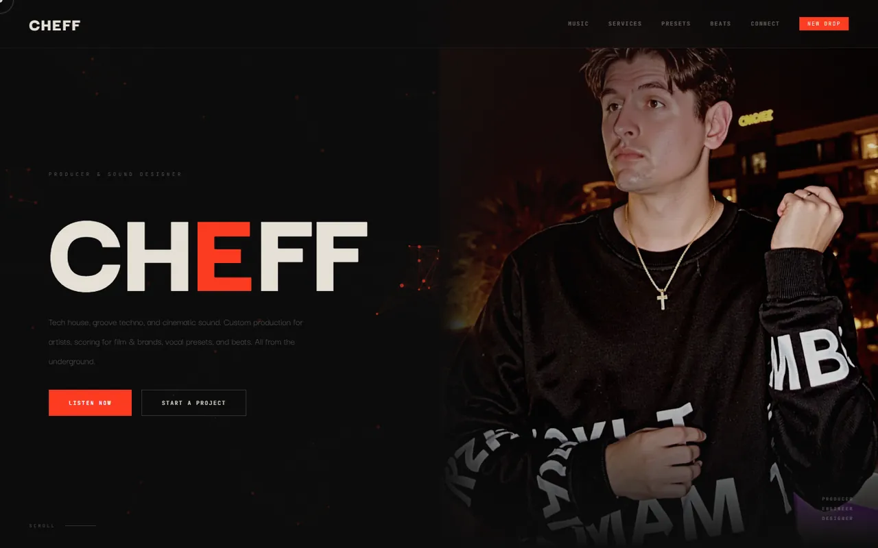 Cheff Music hero with the artist portrait, wordmark and Listen Now and Start a Project buttons