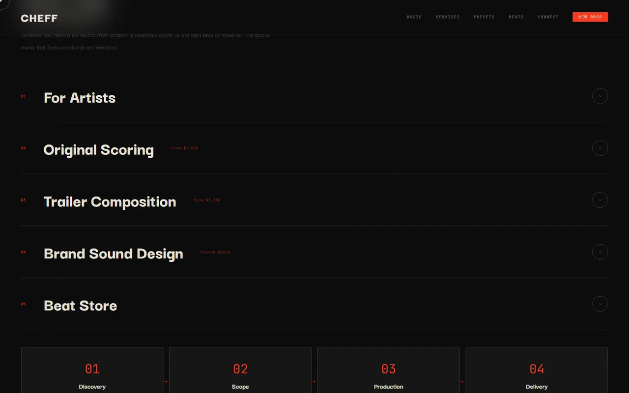 Cheff Music services list: For Artists, Original Scoring, Trailer Composition, Brand Sound Design and Beat Store
