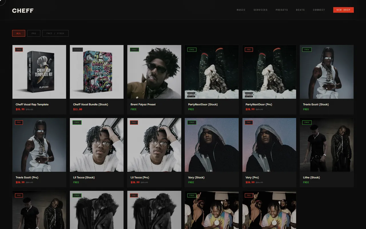 Cheff Music store grid of vocal presets and beats with prices