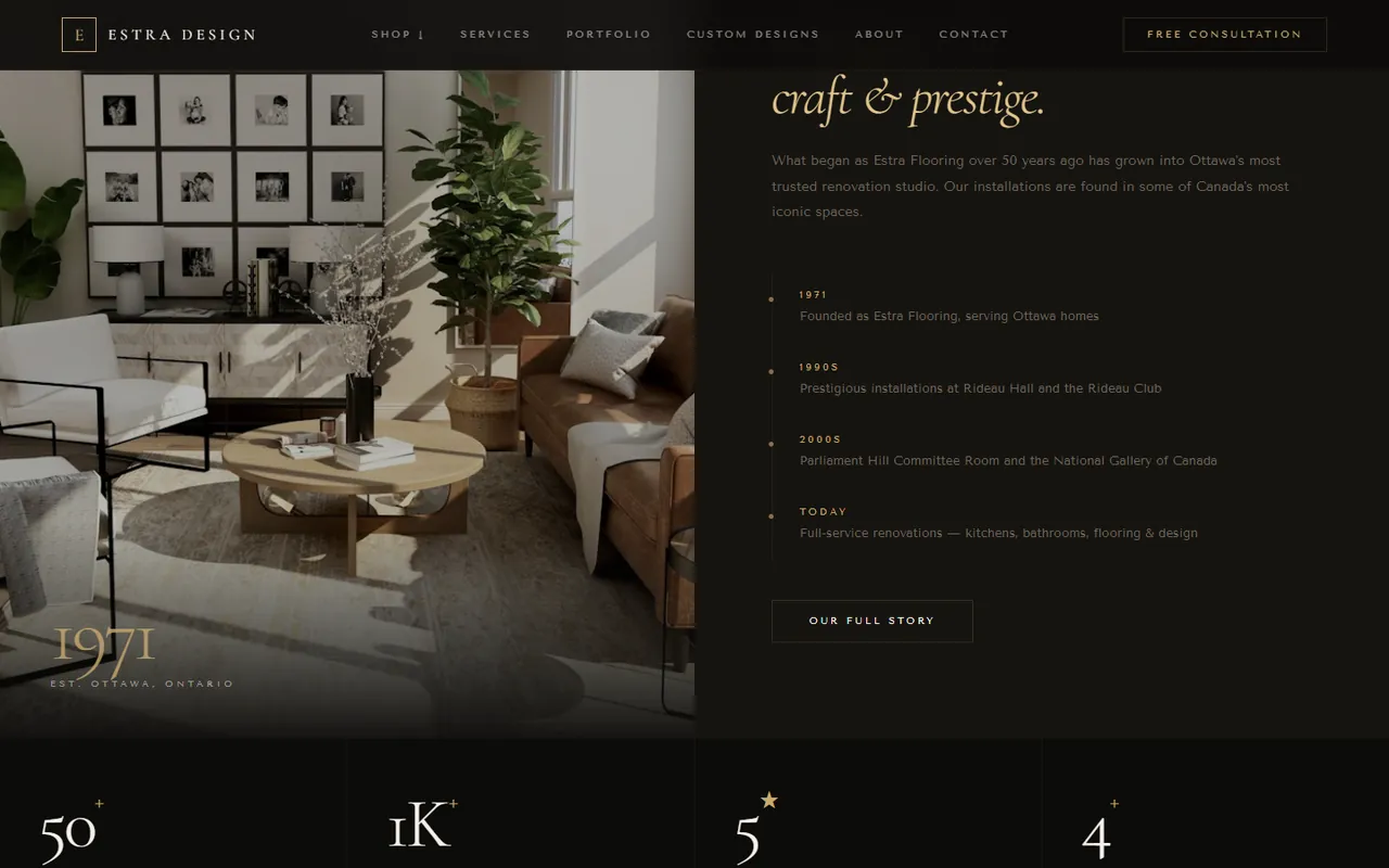 Estra Design heritage timeline beside an interior photograph