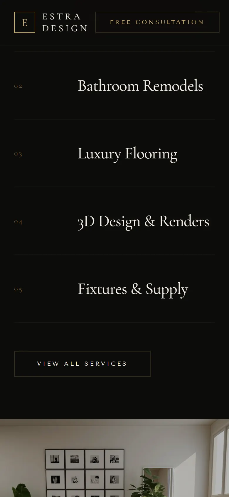 Estra Design on a phone: the services list