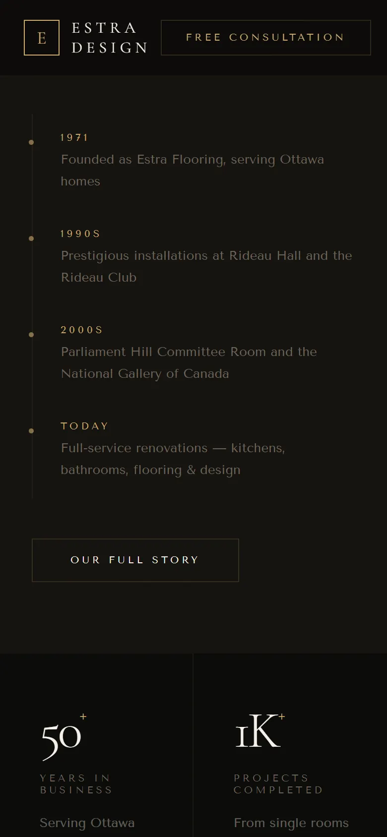 Estra Design on a phone: the heritage timeline and statistics