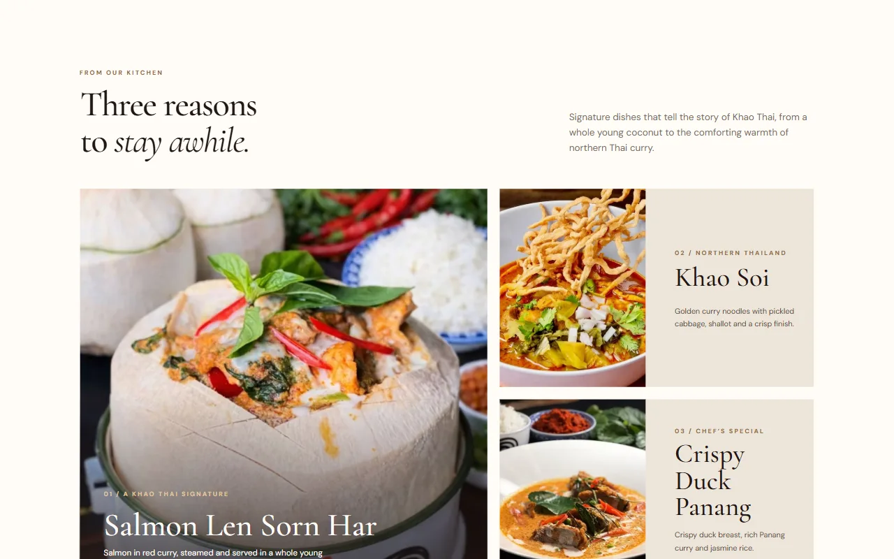 Khao Thai signature dishes: Salmon Len Sorn Har, Khao Soi and Crispy Duck Panang