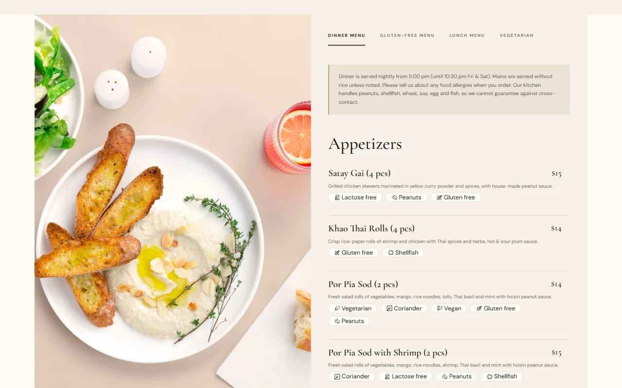 Khao Thai dinner menu with tabs, prices and dietary tags