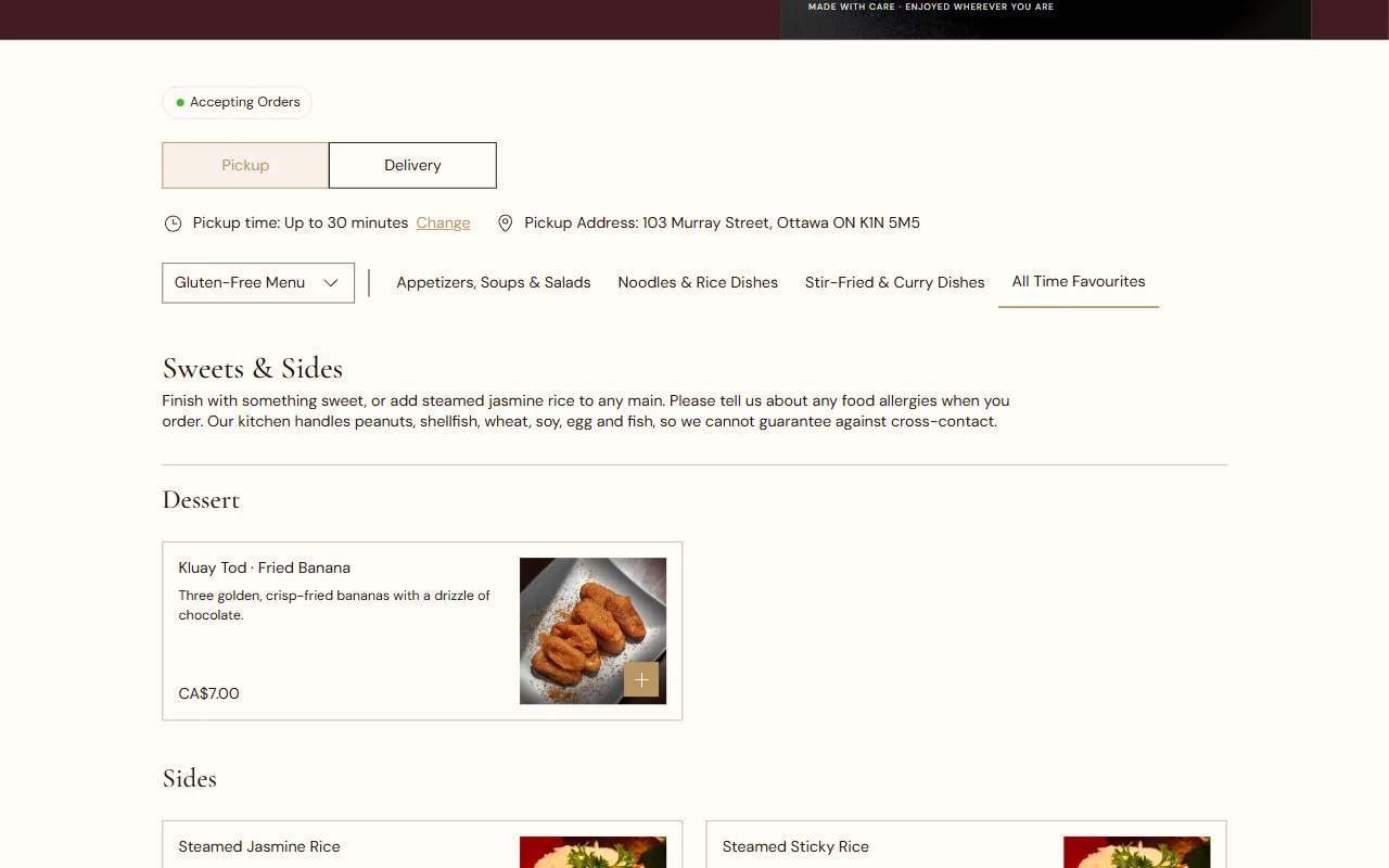 Khao Thai online ordering with pickup and delivery options and menu categories