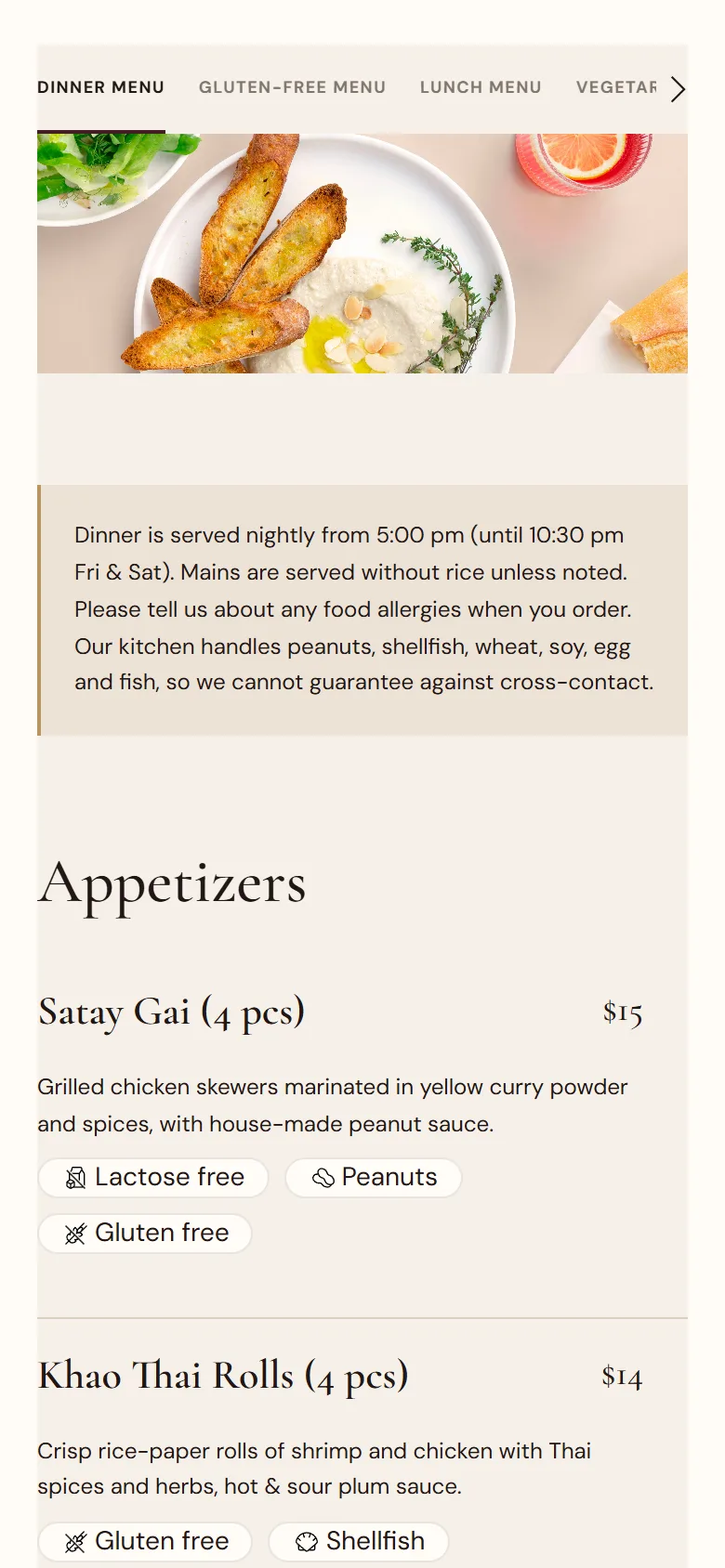 Khao Thai on a phone: the dinner menu with dietary tags