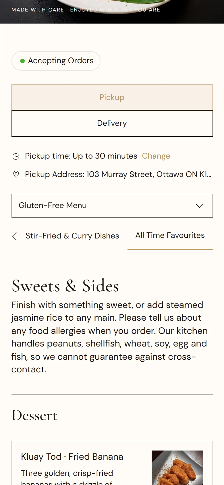 Khao Thai on a phone: ordering for pickup or delivery