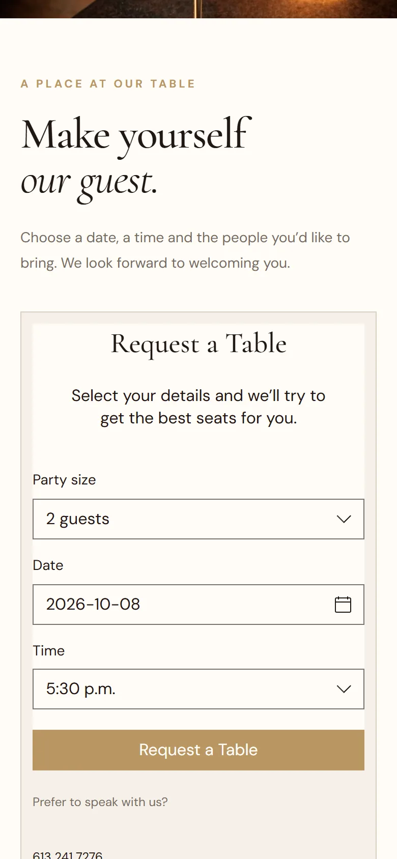 Khao Thai on a phone: the reservation form